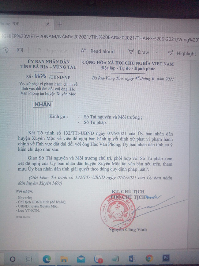 Văn bản 6828/UBND-VP ngày 15/6/2021 của Phó Chủ tịch UBND tỉnh Nguyễn Công Vinh giao Sở Tài nguyên và Môi trường, Sở Tư pháp tham mưu UBND tỉnh xử phạt 350 triệu đồng với ông Hắc Văn Phong.