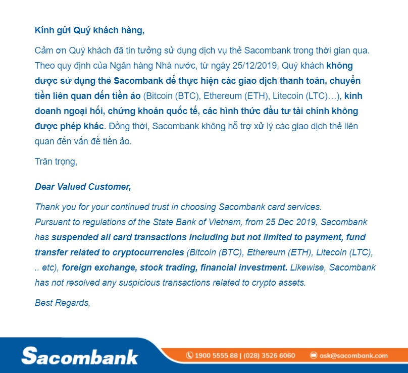 Thông báo từ Sacombank đối với việc thanh toán các giao dich tiền ảo